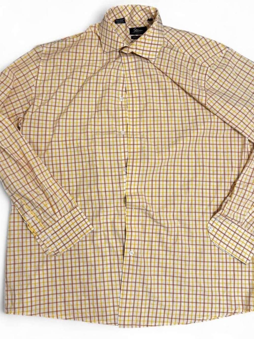 Mens Steven Land Cotton Dress Yellow Plaid Button Shirt Size 17.5 / 36-37